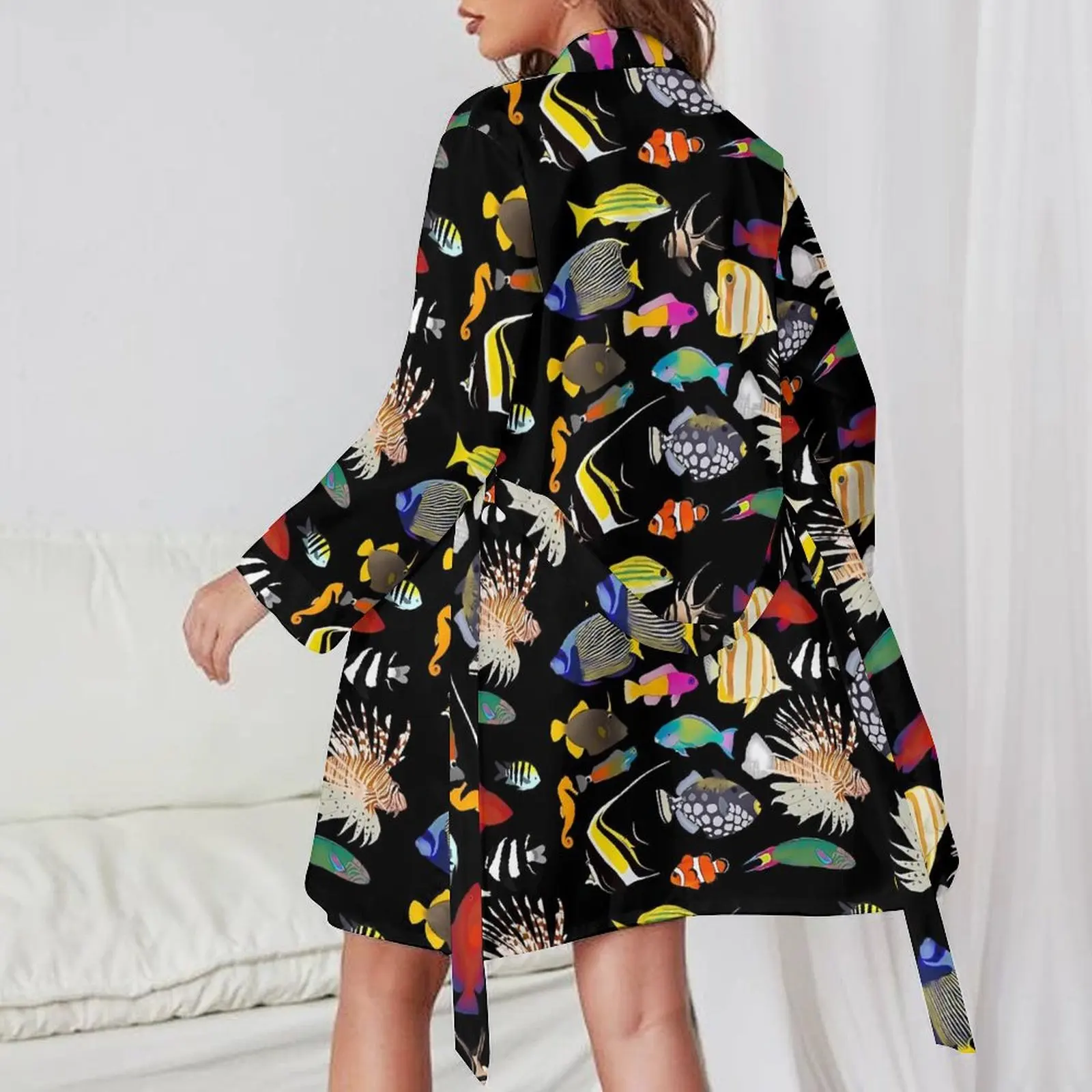 Color Sea Fish Pajama Robe Lady Coral Reef Fishes Bedroom Nightgown Long Sleeves V Neck Pajamas Robes Spring Sexy Dresses