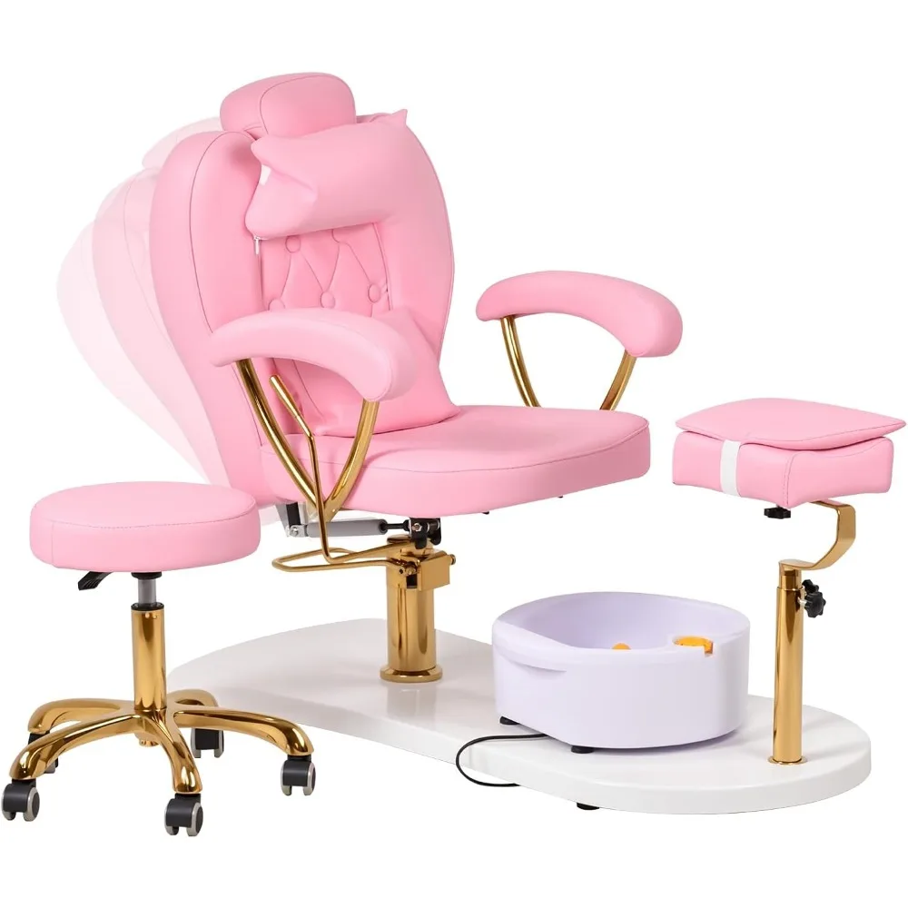 

Pedicure Chair No Plumbing with Stool & Bubble Massage Foot Bath, 360°Swivel Hydraulic Reclining Pedicure Station with Adjustabl