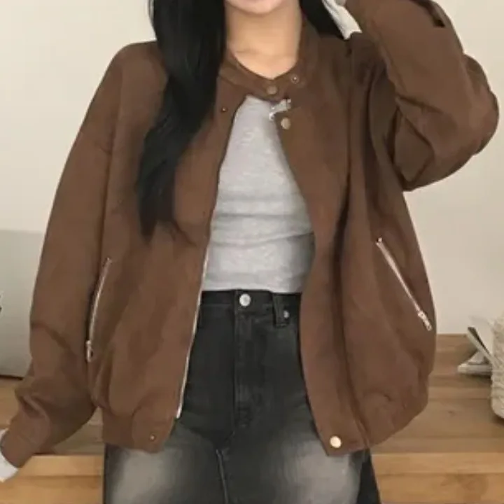 Veste en cuir pour femme Ele ort, design chic anti-âge, style vintage, col montant, en velours de peau de cerf