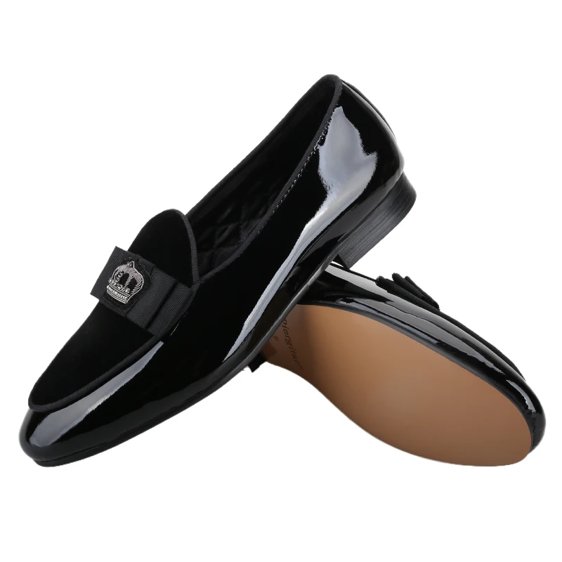 Piergitar 2026 Handmade Crown Embroidery Of Black Patent Leather Slip-On Loafers British Style Classic Bow Tie Men's Moccasin