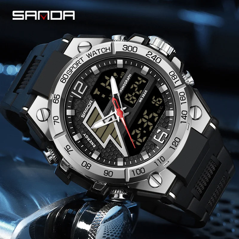 Sanda 6137 topo de luxo quartzo relógios masculinos esporte militar led luminoso 5atm à prova dwaterproof água relógio de pulso casual relogio masculino
