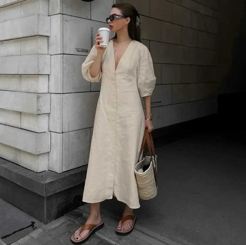 

French Ins Style Simple Linen V Neck Bubble Sleeve Backless Tie Dress Long Dress Spring Autumn