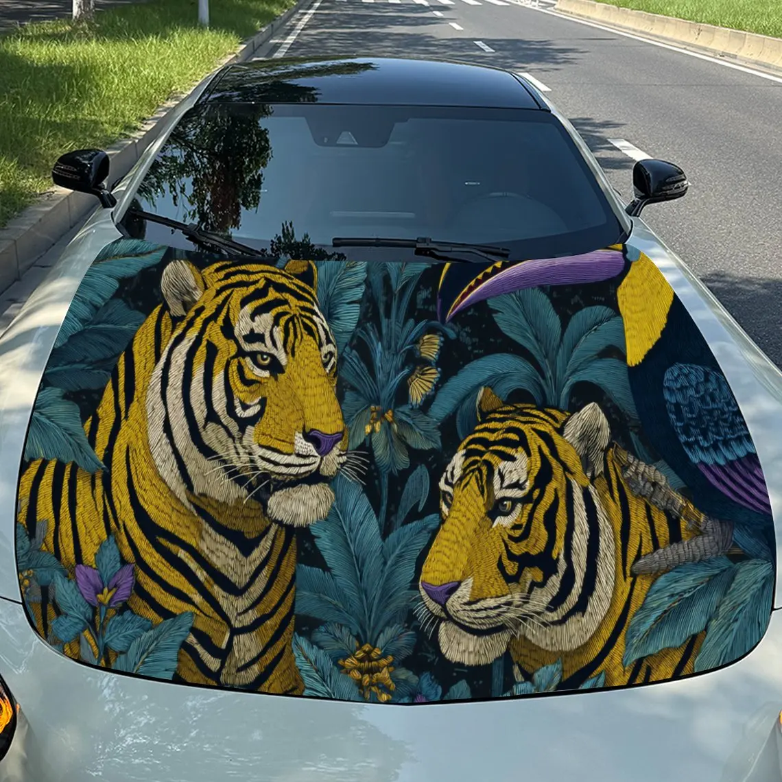 Cheerful Tropical Tiger Car Hood Stickers - Self-Adhesive, Waterproof and Durable Vinyl Wrap, Decorate And Protect Your Car, Fit