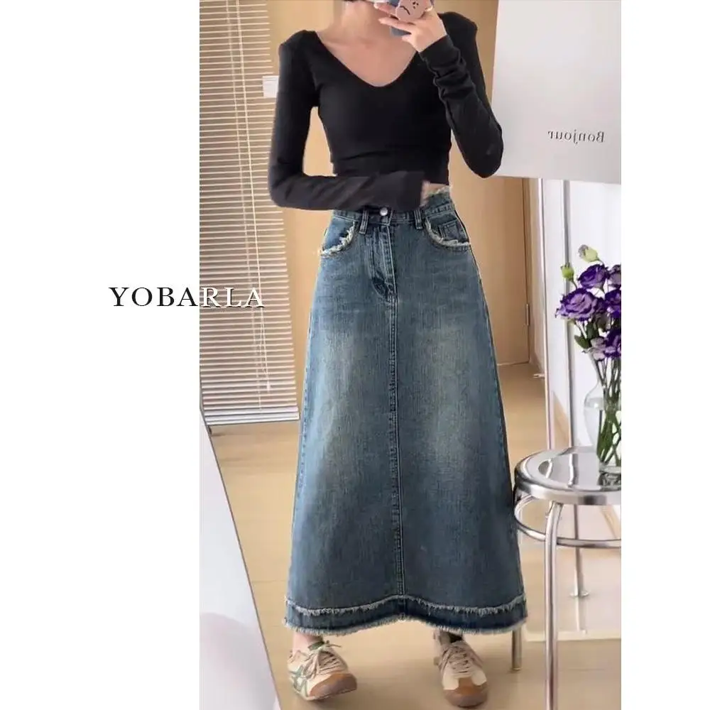 

Модная рваная винтажная джинсовая юбка средней длины с высокой талией, женская осенне-зимняя повседневная юбка из смеси хлопка и полиэстера