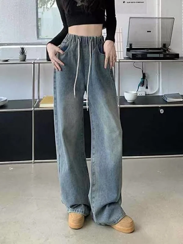 

Retro Hong Kong Sle Dstring Faded Denim Straight Leg Pants Women's Loose Slimming Casual High Waist Long Trousers