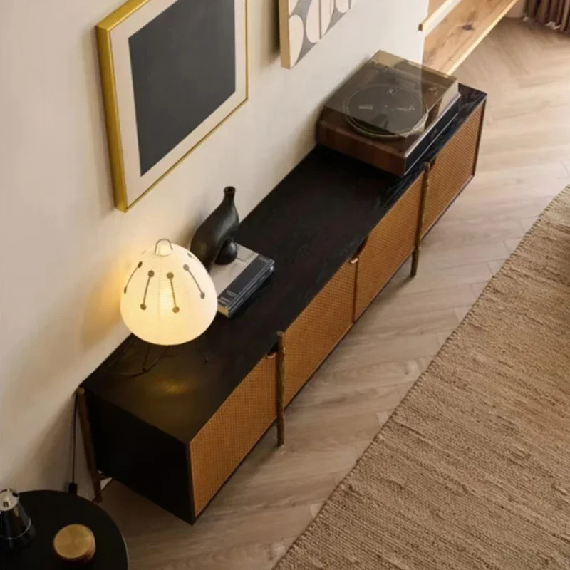 

A4567 Wabi-Sabi Style Woven Rattan Solid Wood Vintage Minimalist Forged Iron Floor Cabinet French Retro Distressed TV Cabinet