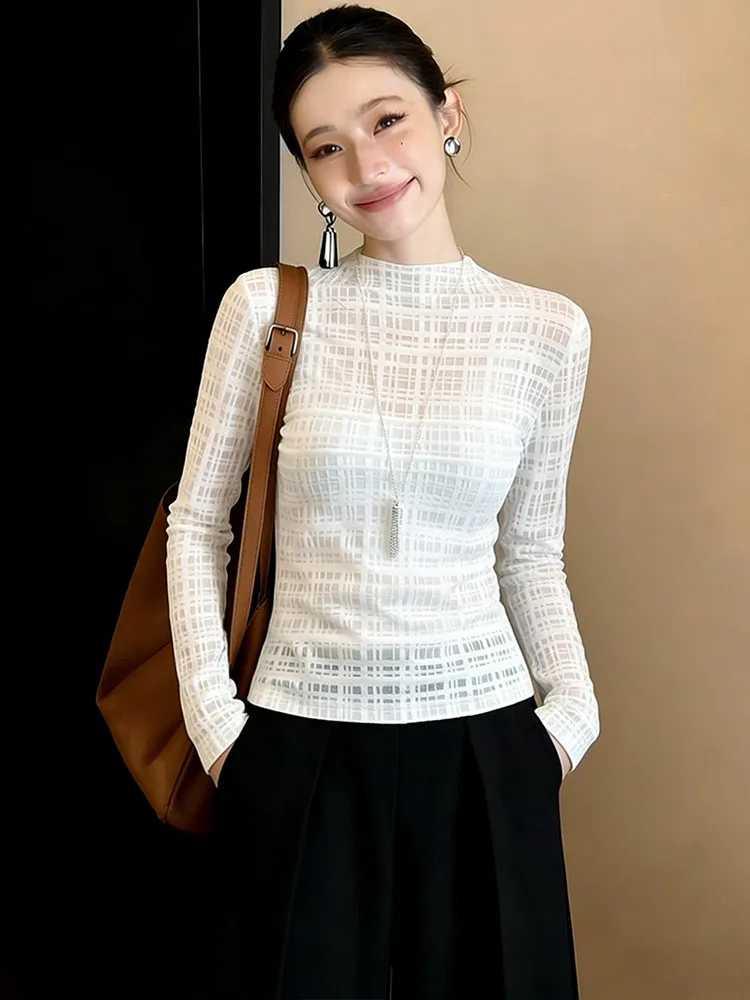 

Elegant White Plaid Long Sleeve Women's T-shirt Slim Fit Base Shirt Spring Commute Style Polyester Fiber Regular Length