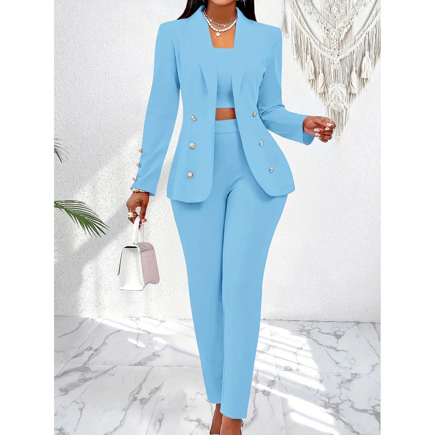 

Buttoned Set Women's Fashion Summer Suit with Stand Collar Button Detailing Cross-Border No Brand Registered Trademark
