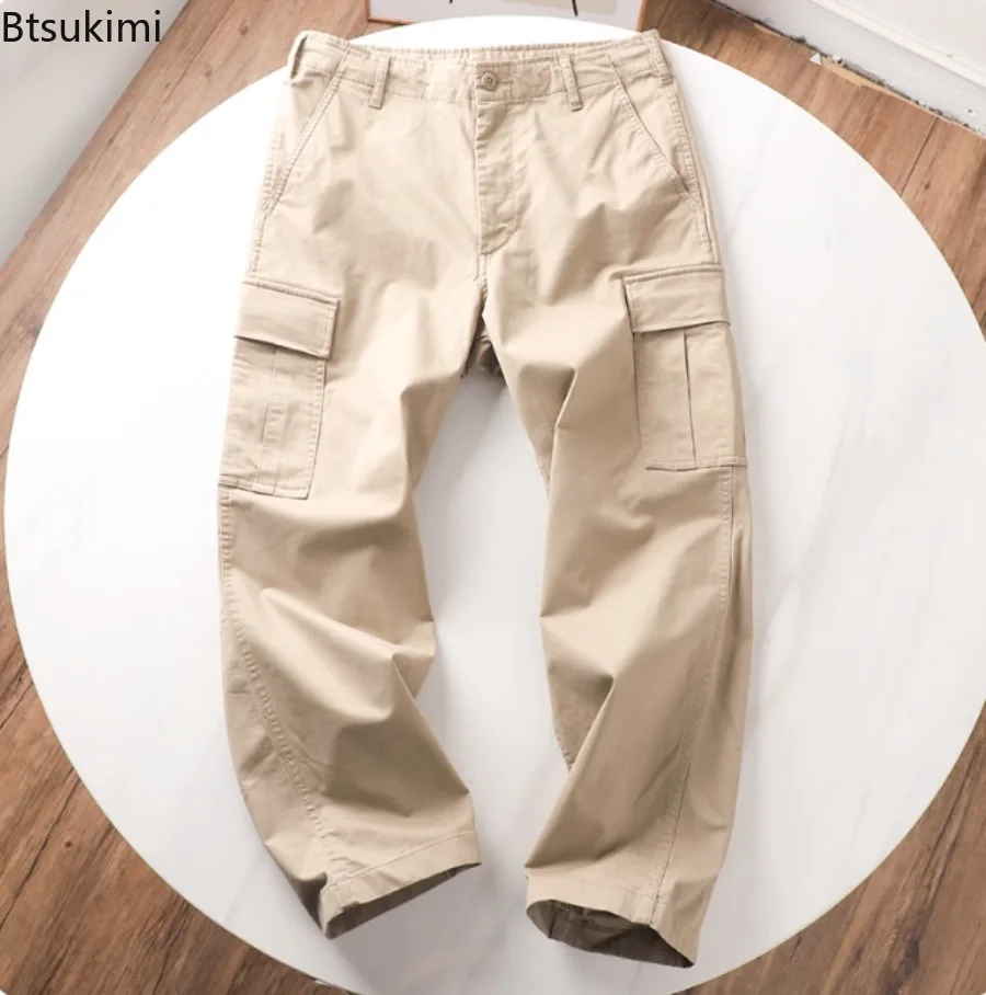 Casual Washed Cotton Elasticity Loose Cargo Pants Multi Pockets Straight Men Pants Solid Leisure Spring Trousers for Daily Wear