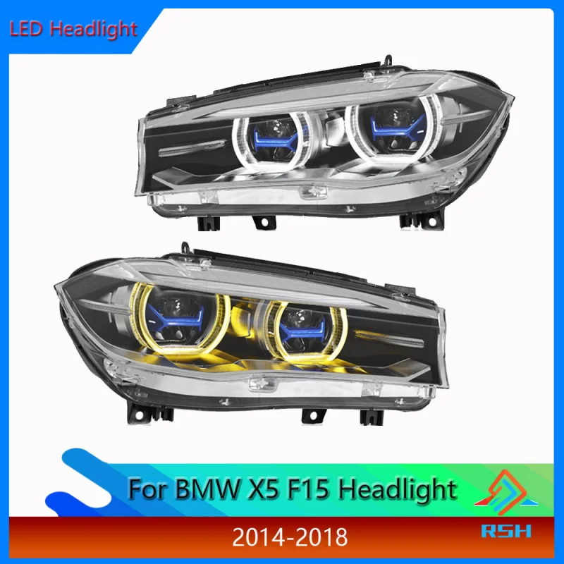 Front Light For BMW X5 F15 Headlight Assembly 2014-2018 Upgrade Dual-Color LED Angel Eye Daytime Running Lights And Laser Lights