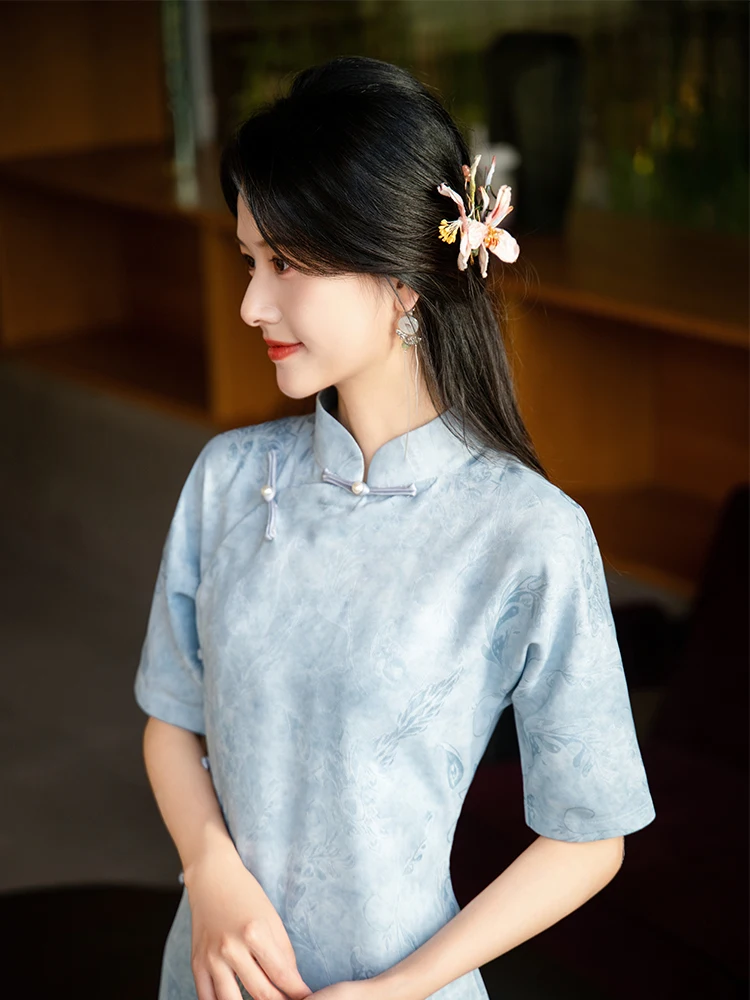 

Женское платье Ele Blue в китайском стиле, приталенное, для повседневной носки, высокого качества, средней длины, с цветочным узором