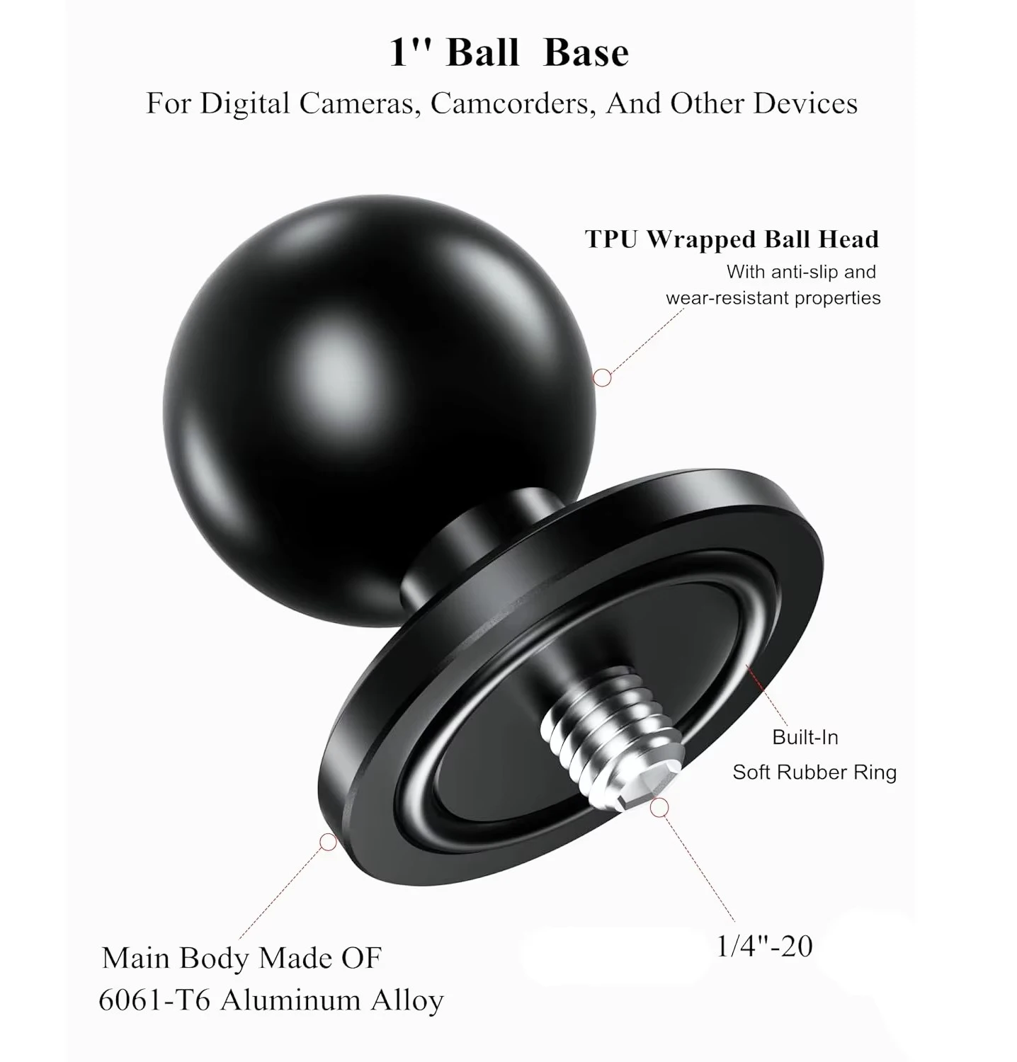 Adaptateur boule en alliage d'aluminium 1 'avec goujon fileté 1/4 "-20 pour caméra d'action et caméscope Compatible avec les supports RAM taille B Double