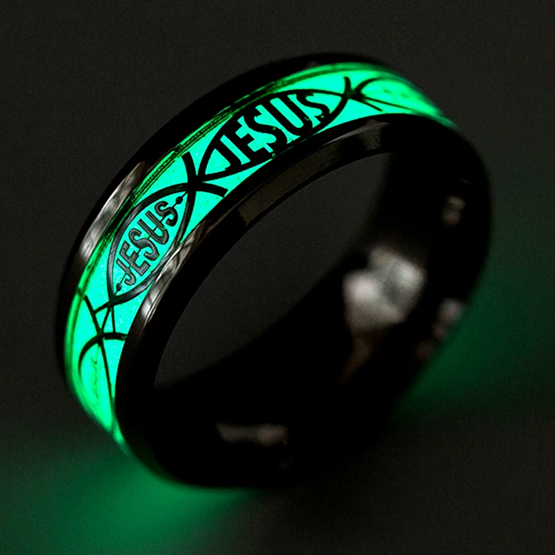 Golden Jesus Inlay Ring with Green Background Luminous Glowing in the Dark Fashion Jewelry Accessory for Men And Women Fluoresce