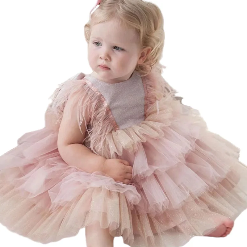 Toddler Ball Gown Princess Girls Dresses Feather Tulle Children Dress For Party Wedding 1st Birthday Dress For Baby Vestidos New