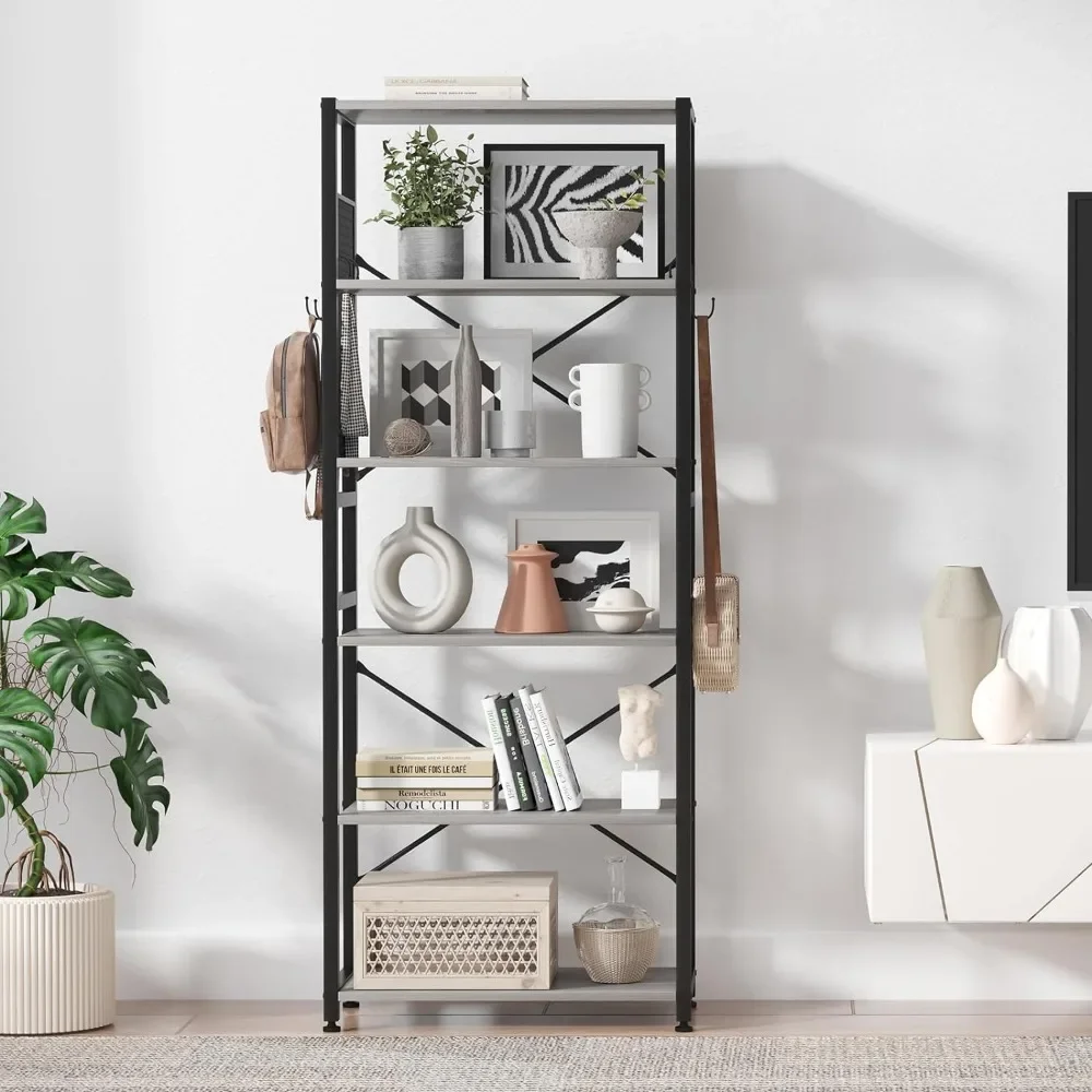 

MOSHOU Bookshelf, Standing Bookcase with 2 X-shape Strips, Metal Mesh Side Panels, 8 S-shaped Hooks, 6 Tier Bookshelf