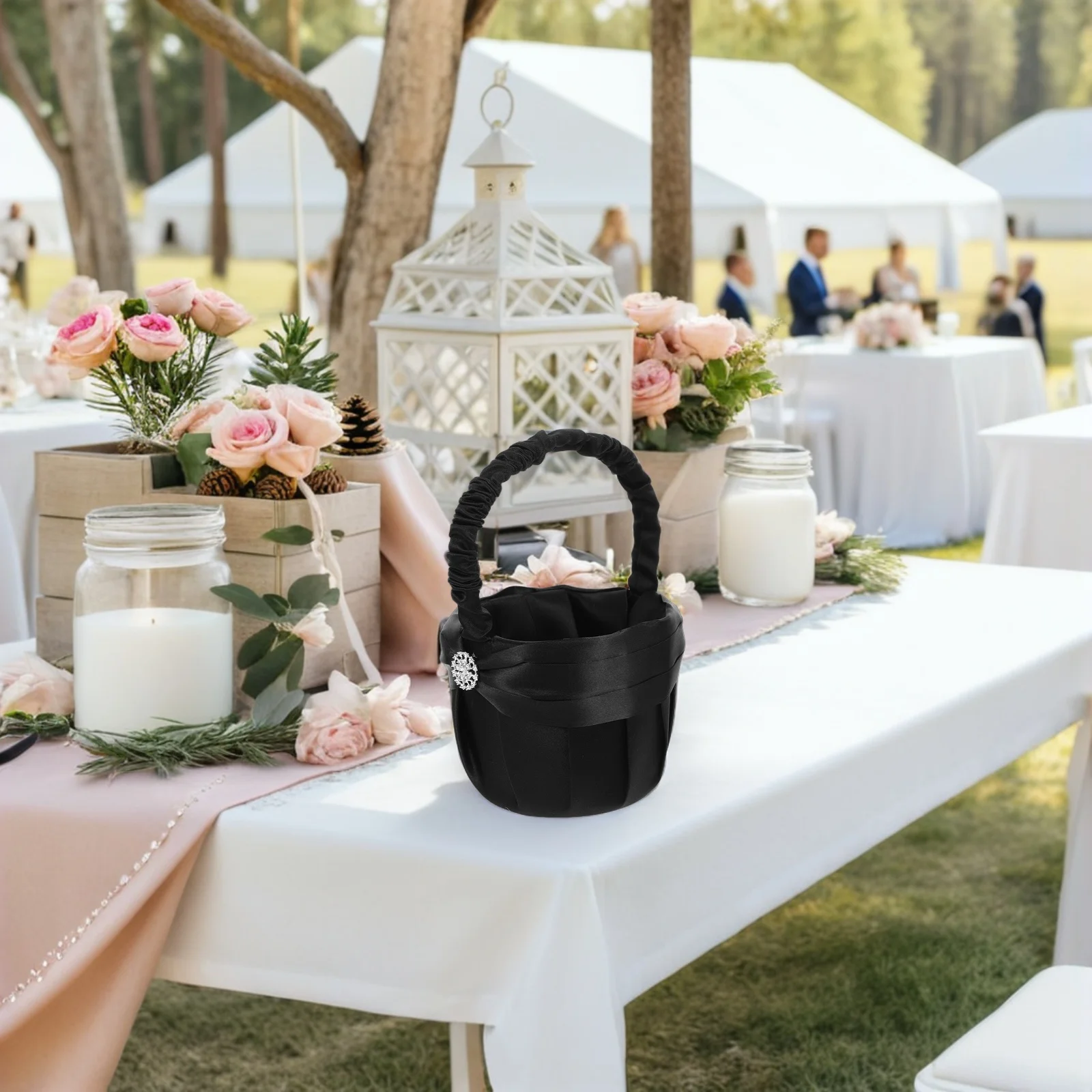 

2pcs Wedding Flower Basket Black Rhinestone Handle For Ceremony Petal Scattering Bridal Decorative Basket Rustic Modern