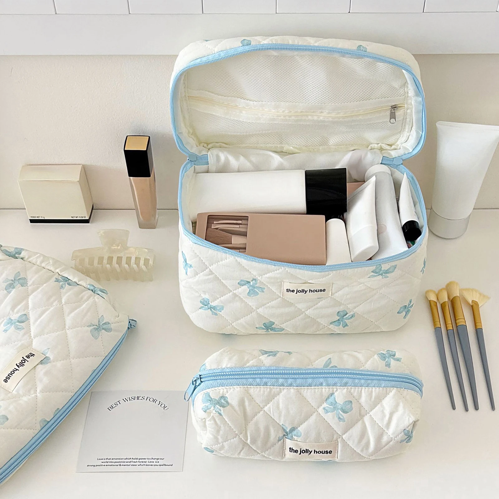 Borsa cosmetica semplice con fiocco carino borsa da toilette da viaggio portatile di grande capacità borsa per cosmetici borse Organizer per ragazze