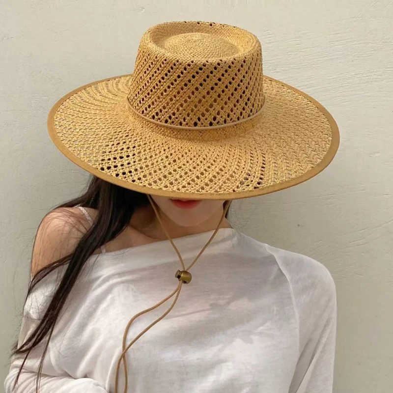 

New Hand Woven Hollow Circular Top Large Eave Sun Hat Summer Fashion Casual Windproof Rope Straw Hat Beach Denim Hat Wholesale