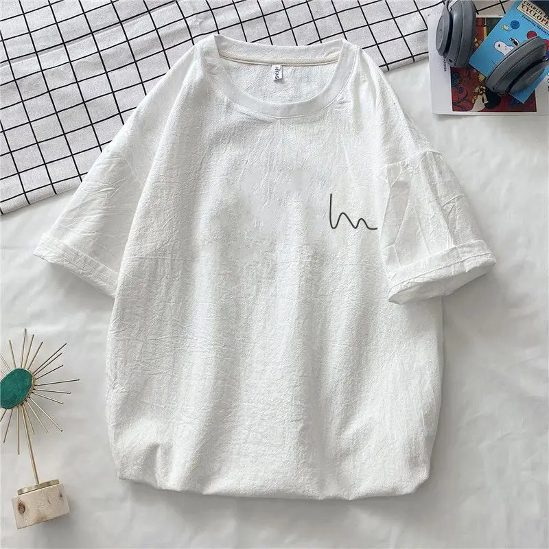 الرجال والنساء النمط الياباني القطن الكتان تي شيرت ، تنفس ، فضفاضة القاع ، نصف كم قمة ، موضة عادية ، الصيف الاتجاه #2