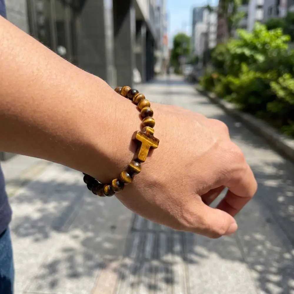 Tiger Eye Beads Cross Bracelet Spiritual Elastic Bead Bracelet Elastic Rope Tiger's Eye Bracelet Religious