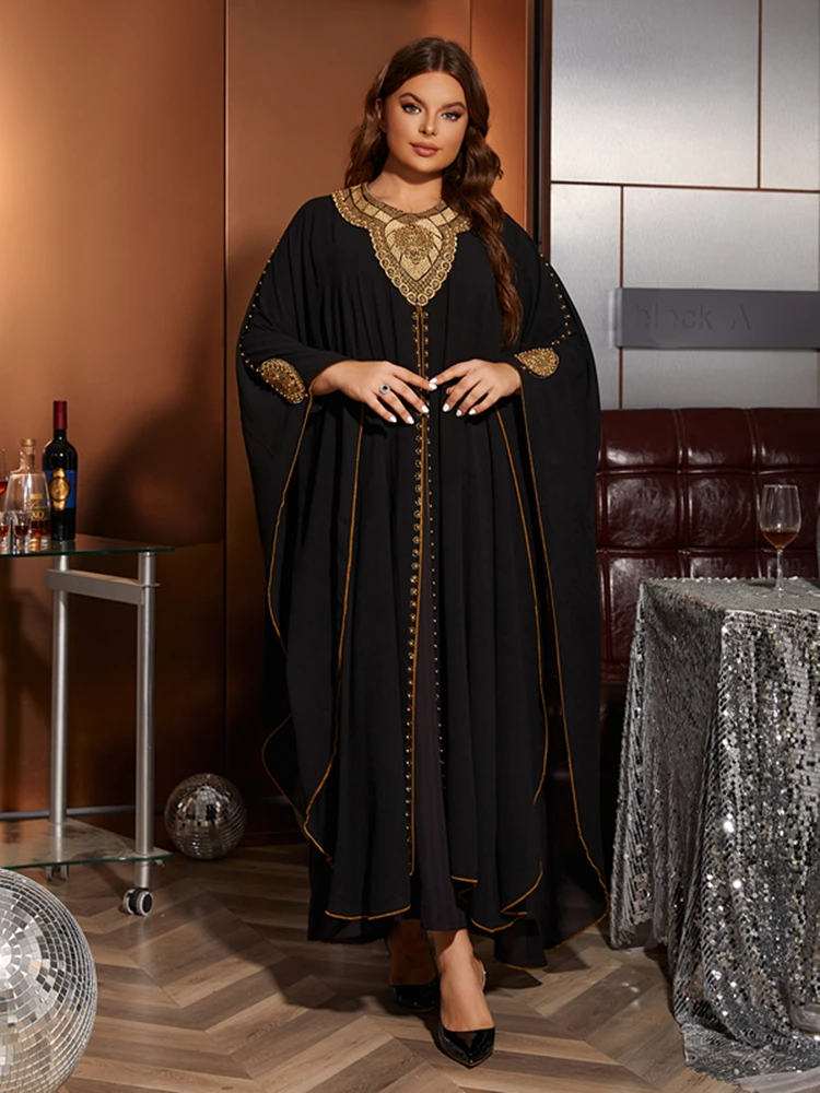 Fashion Hooded Beading Abaya Muslim Kimono Dresses Women Batwing Sleeves Diamond Boubou Dubai Turkey Kaftan Arab Black Robes