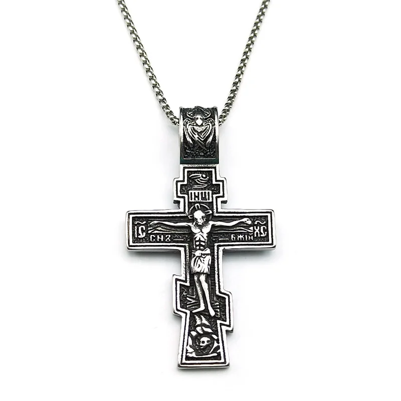 Östliche Orthodoxe Kreuz Jesus Anhänger Halskette Für Frauen Männer Edelstahl Silber Farbe Dark Punk Männliche Kette Schmuck Geschenke – Detail 7
