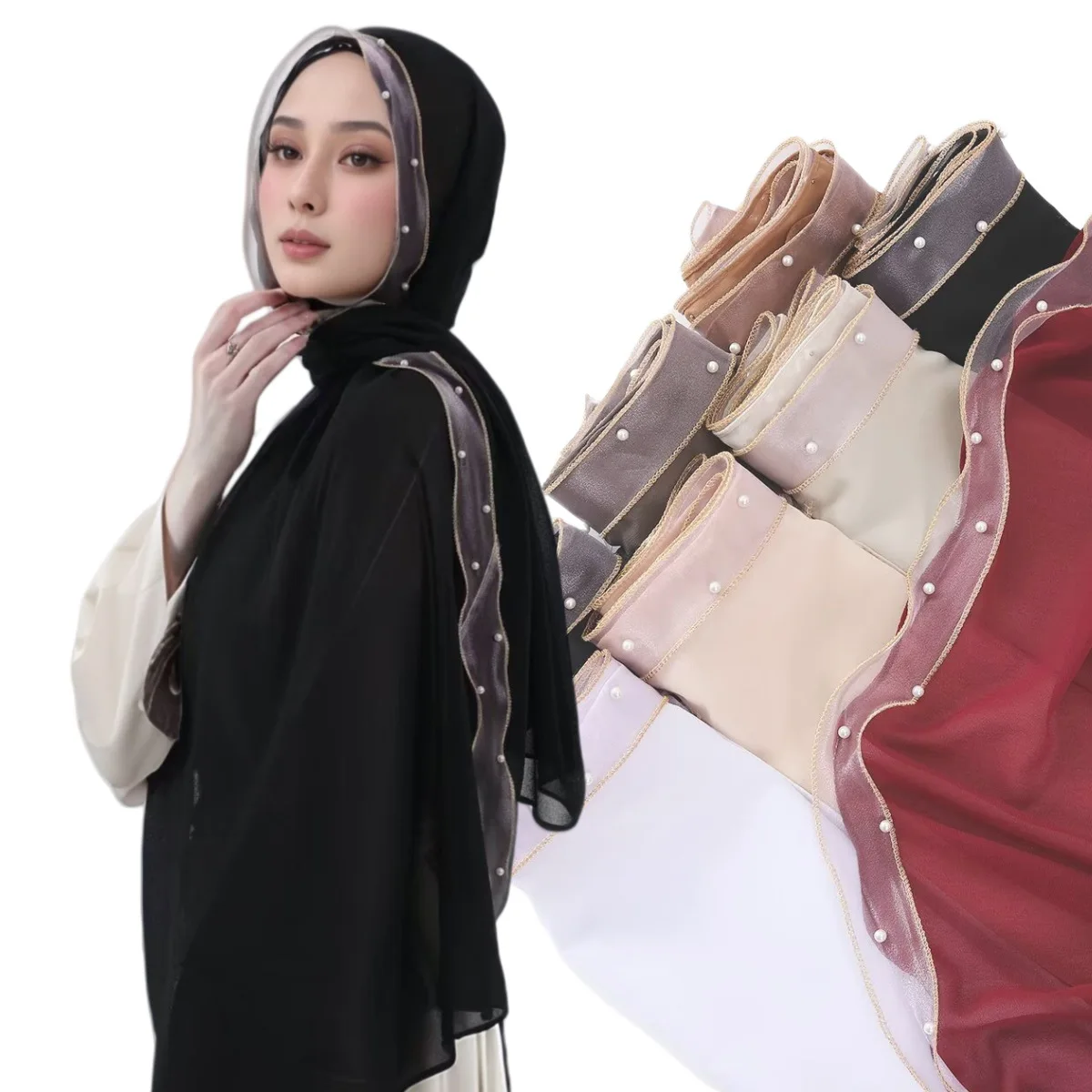 

2025 New Bubble Pearl Chiffon Scarf Muslim Hijab Turban Women Shawl Wrap Veil Bandanas Headband Bufanda Foulard Turbante Mujer