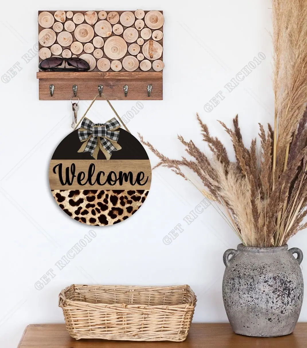 Welcome with Bow Wooden Sign 12x12 Inch Minimalist Leopard Welcome Door Hanger Outdoor Welcome Hanging Sign for Door