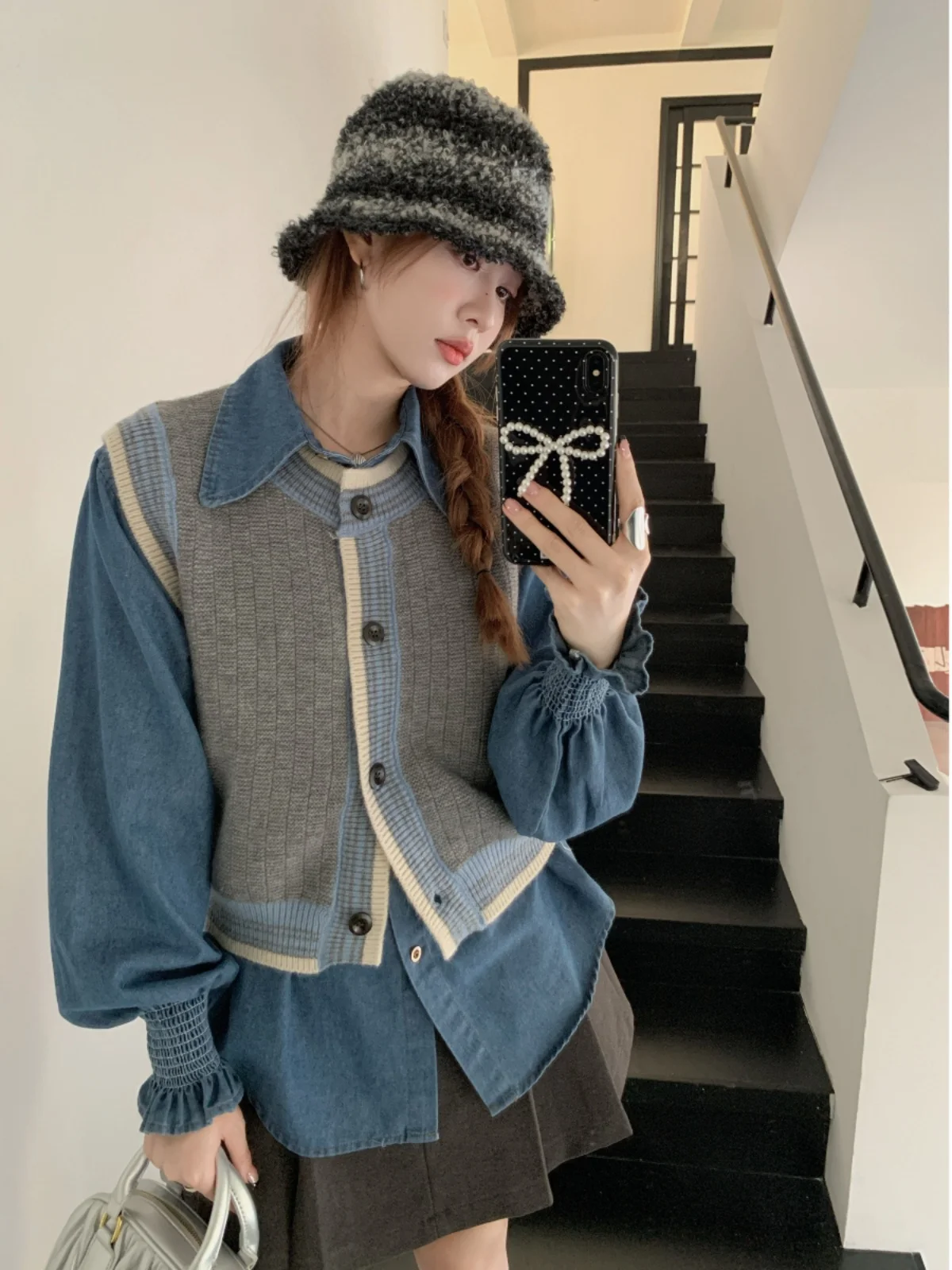 

Fashionable Knitted Two-Piece Set Women's Spring Autumn Denim Shirt inside Cardigan Vest Quality Elegant Long Sleeve Button up