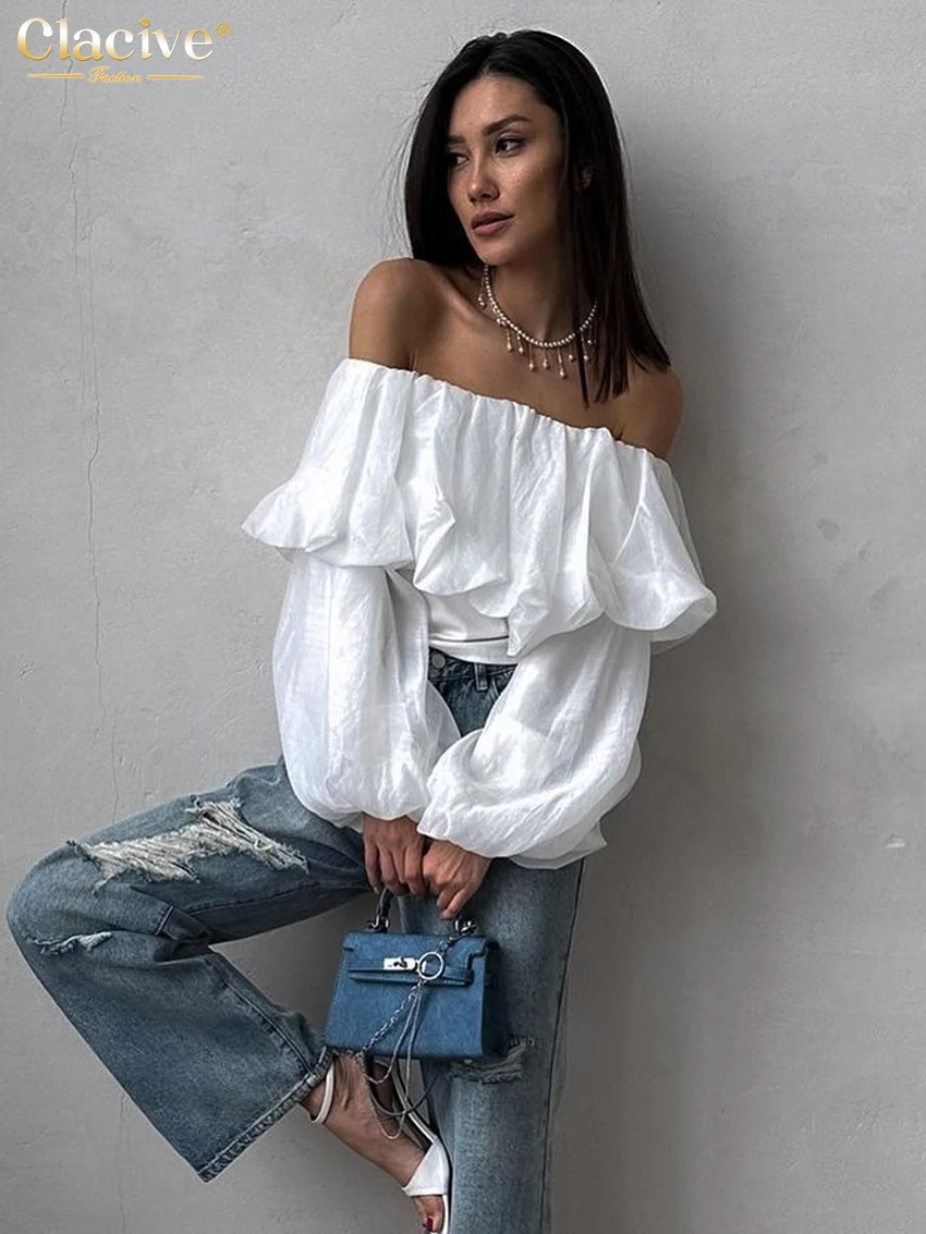 Clacive Summer Loose White Top Women 2024 Fashion Slash Neck Puff Sleeve Tank Top Sexy Classic Crop Tops Female Clothing