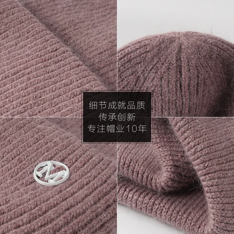 Soft Angora Warm Winter Hat  Woman Rabbit Fur Knitted Hat Ladies Pink Beanies Women Outdoor  Fashion Letter M Hat