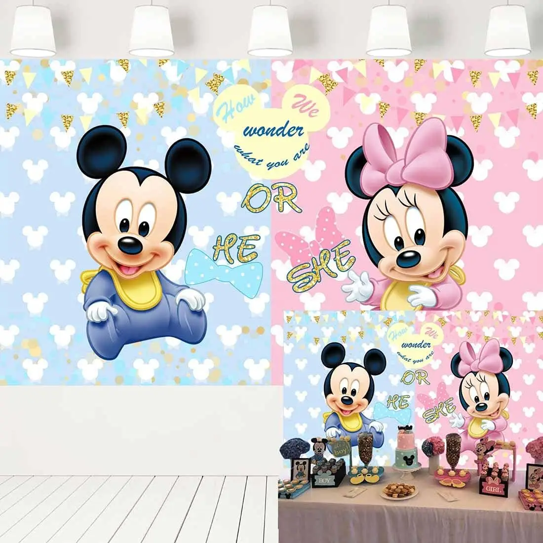 Mickey or Minnie Gender Reveal Decorations Backdrop Blue Pink Background with Golden He or She Theme Banner for Baby Shower