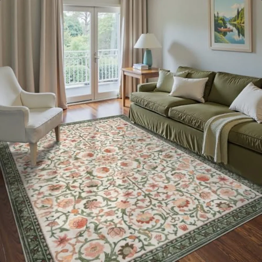 

Washable Area Rugs 5x7 Floral Rug for Living Room Boho Area Rug Non Slip Soft Large Bedroom Rug Low Pile Stain Resistant Dining