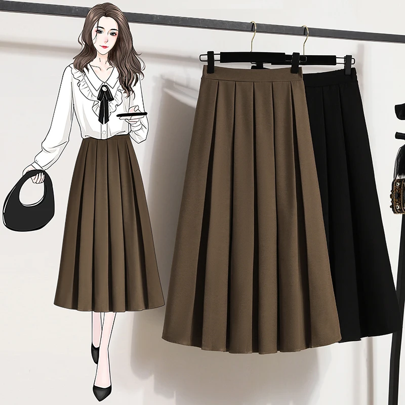 Women Skirt Autumn Versatile Pleated Vintage Skirt Office Elastic Waist Solid Color Skirt Female Mid Length A-line Skirt