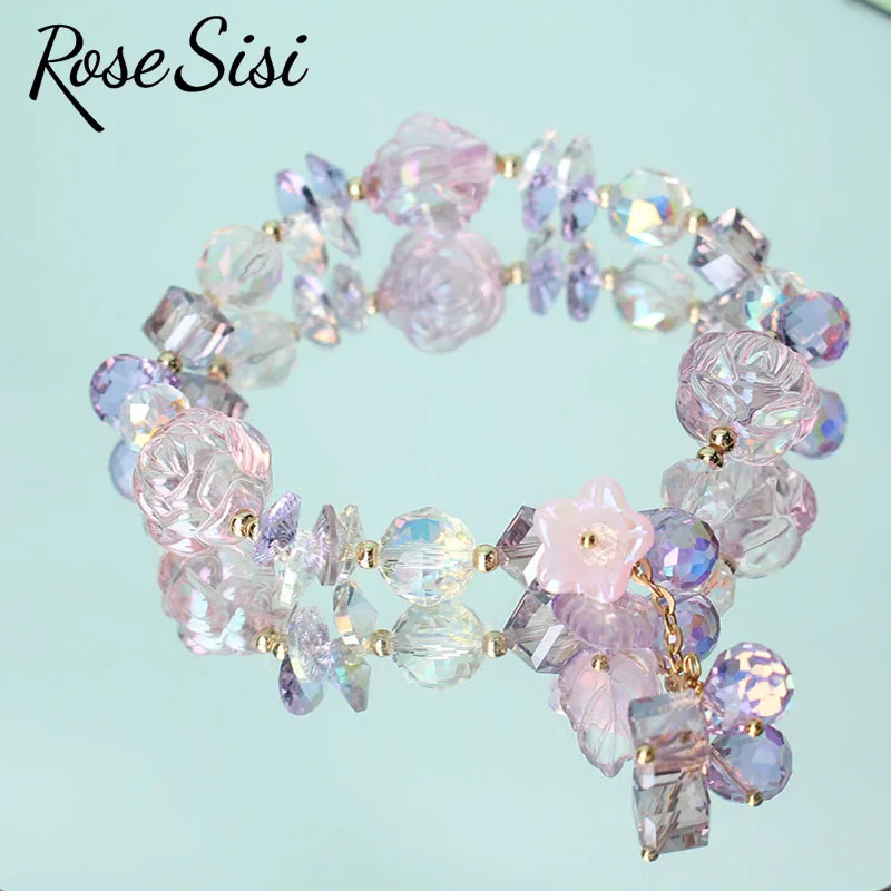 Rose sisi Korean style fresh holiday Crystal bracelet for women rose charm jewelry for women elastic hand rope Campanula pendant