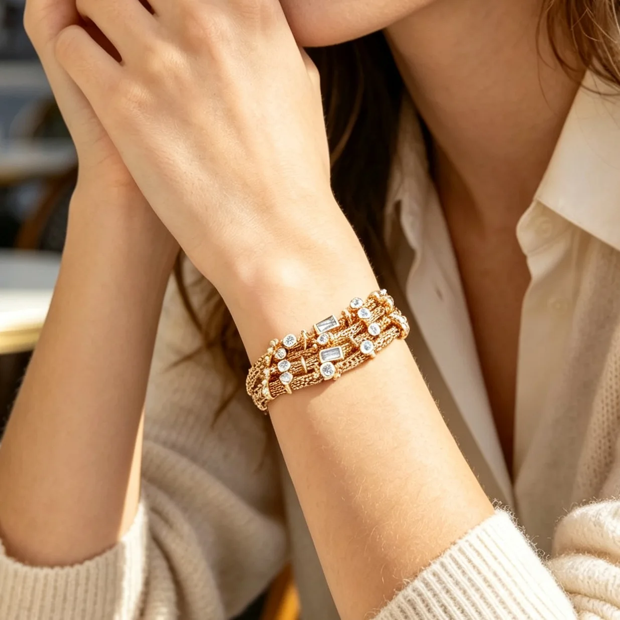 Metal Mesh Chain Stacked Rhinestone Banquet Pull-out Bracelet Accessory