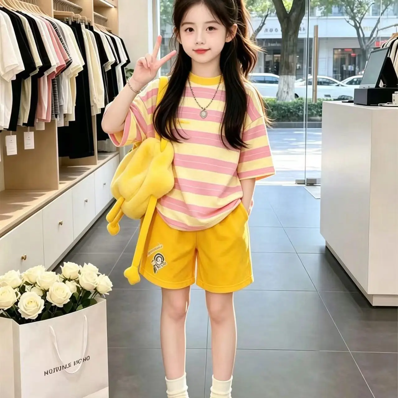 2026 Summer Girls Clothes Child Set Short Sleeve Suit O-Neck Teen Striped T Shirt Top + Shorts Yellow Pants 4 8 10 12 14 Years