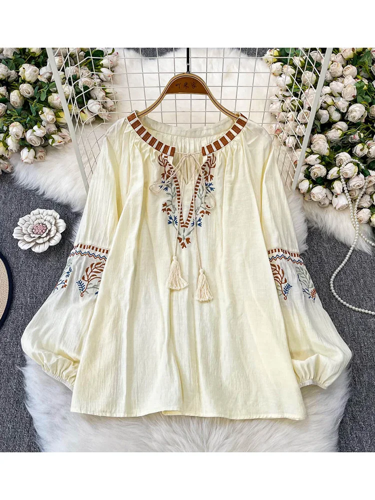 

Женская весенняя рубашка в стиле ретро в этническом стиле с длинными рукавами и круглым вырезом, свободный утягивающий пуловер с вышивкой, Blusa, универсальный топ BL158