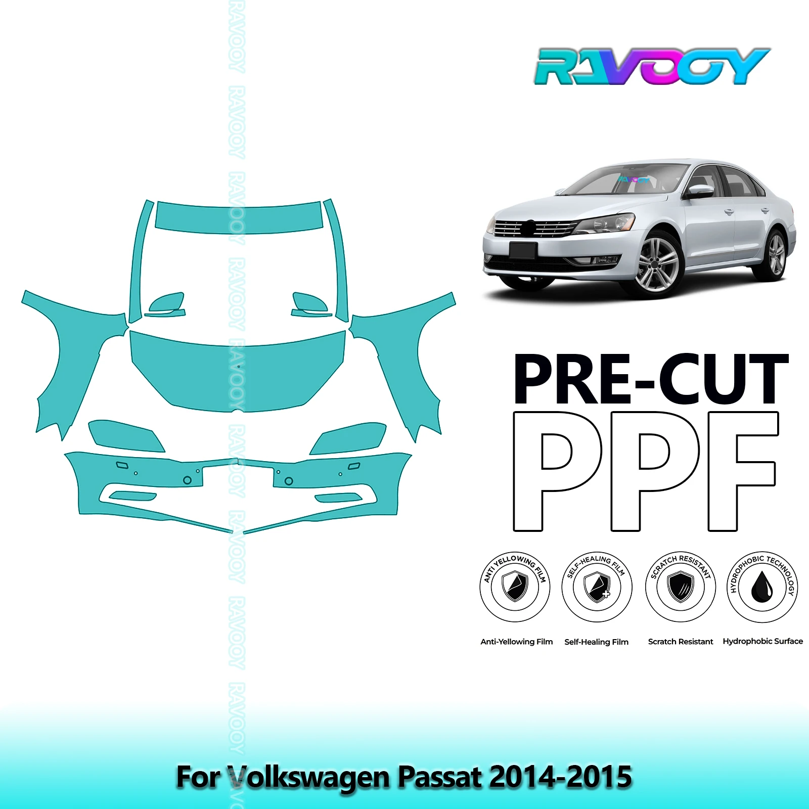 For Volkswagen Passat 2014-2015 Partial Front 8.5Mil Pre-Cut Paint Protection Film PPF Clear Bra Kit | Clear/Matte/Black Options
