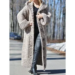 Cardigan Women Hooded Knit Sweater Thick Coat Button Long Jumpers Solid Elegant Loose Coats Jumpers Casual Lady Winter