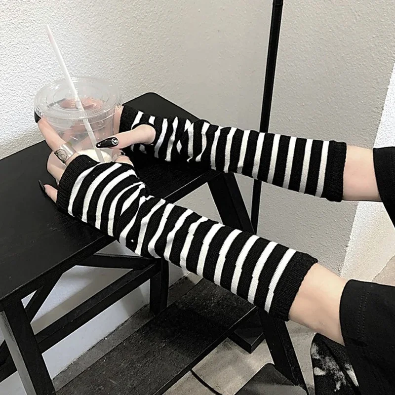 Lange fingerlose Handschuhe, schwarze Punk-Manschette für Damen, Gothic, Lolita, Mädchen, Herren, Hip-Hop-Handschuh, Ellenbogen, Stretch, Winter-Armwärmer, Fäustling