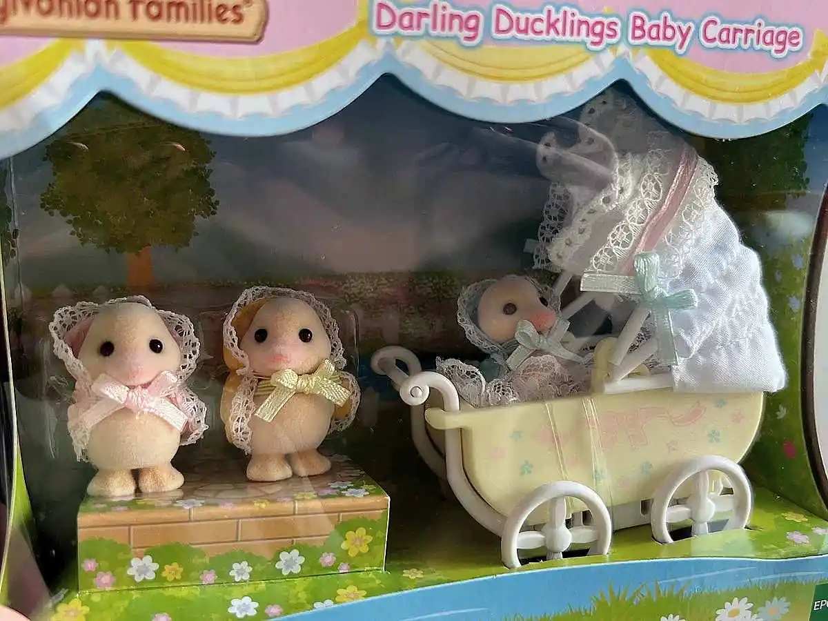 Sylvanian Original Accessories Duck Baby Triplet Baby Carriage Set Clothes Furniture House Toys Girl'S Birthday Decoration Gift