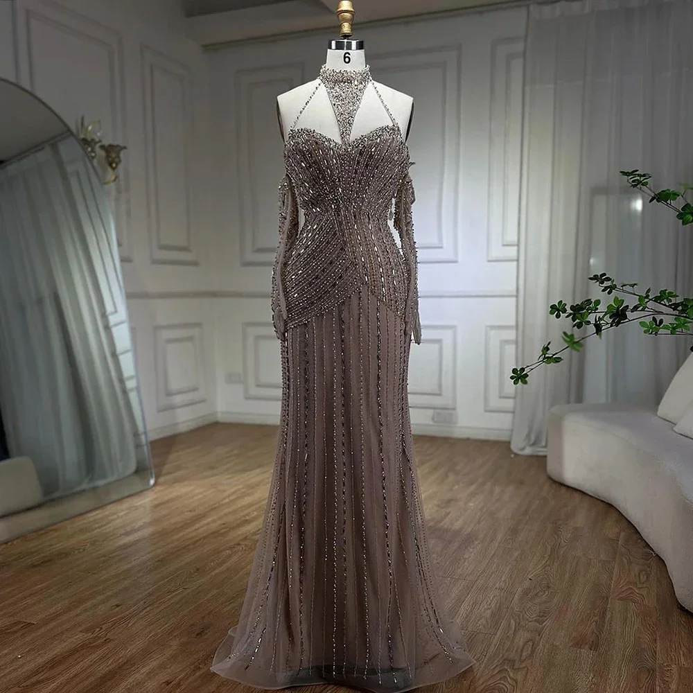 Serene Hill Customized Caramel Mermaid Halter Evening Gowns Beaded Elegant Party Dresses with Gloves 2025 for Women DLA72232