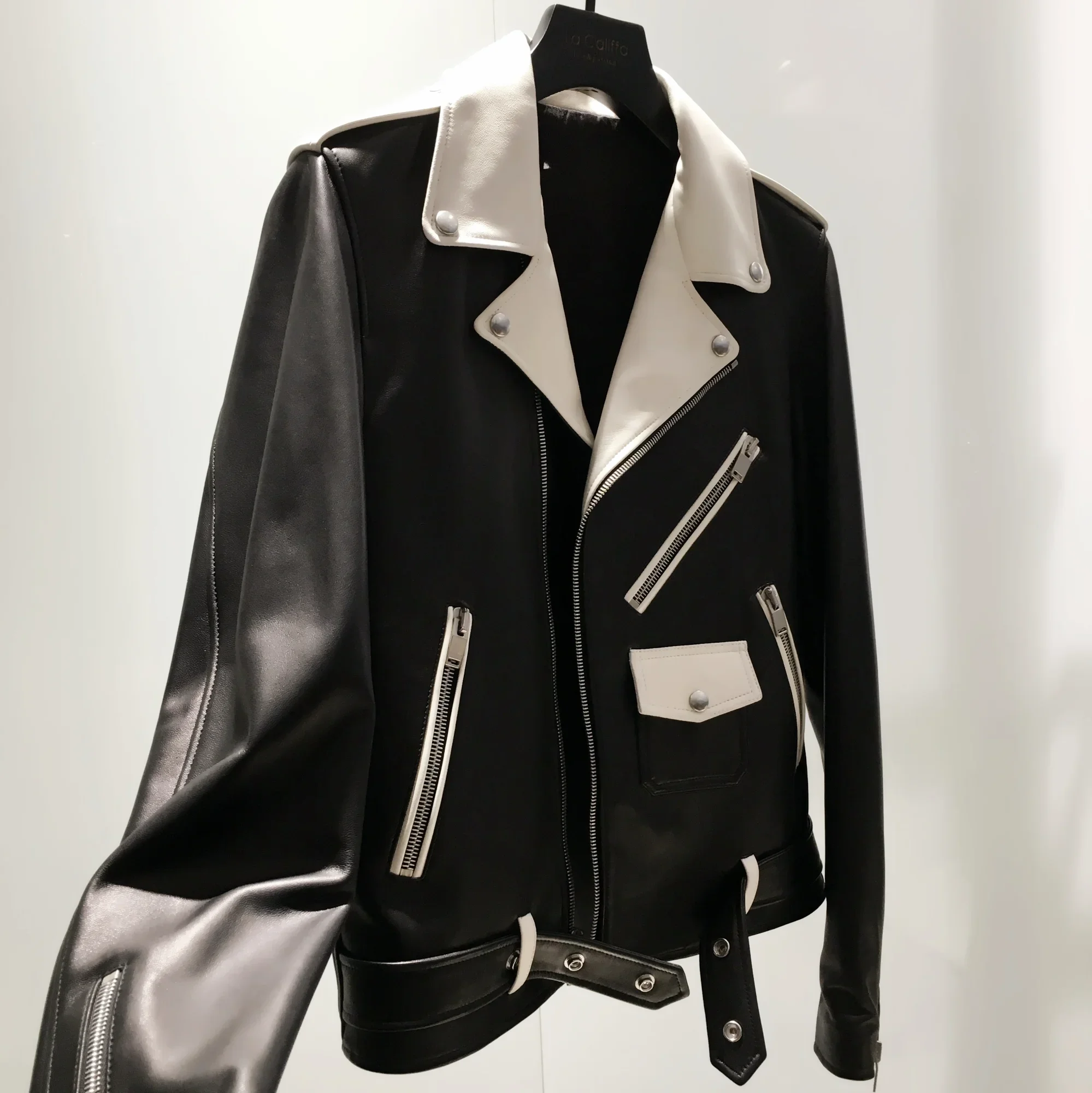 Motorcycle Black and White Leather Jacket Korean Version Leather Jacket Lovers Fashion Jacket