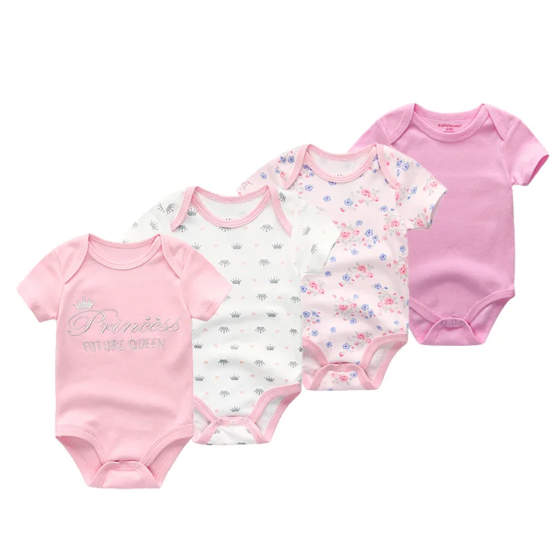 4Pcs 0-12M Cute Cartoon Print Short Sleeve All Season Soft Breathable Cotton Unisex Newborn Baby Bodysuit Romper Set