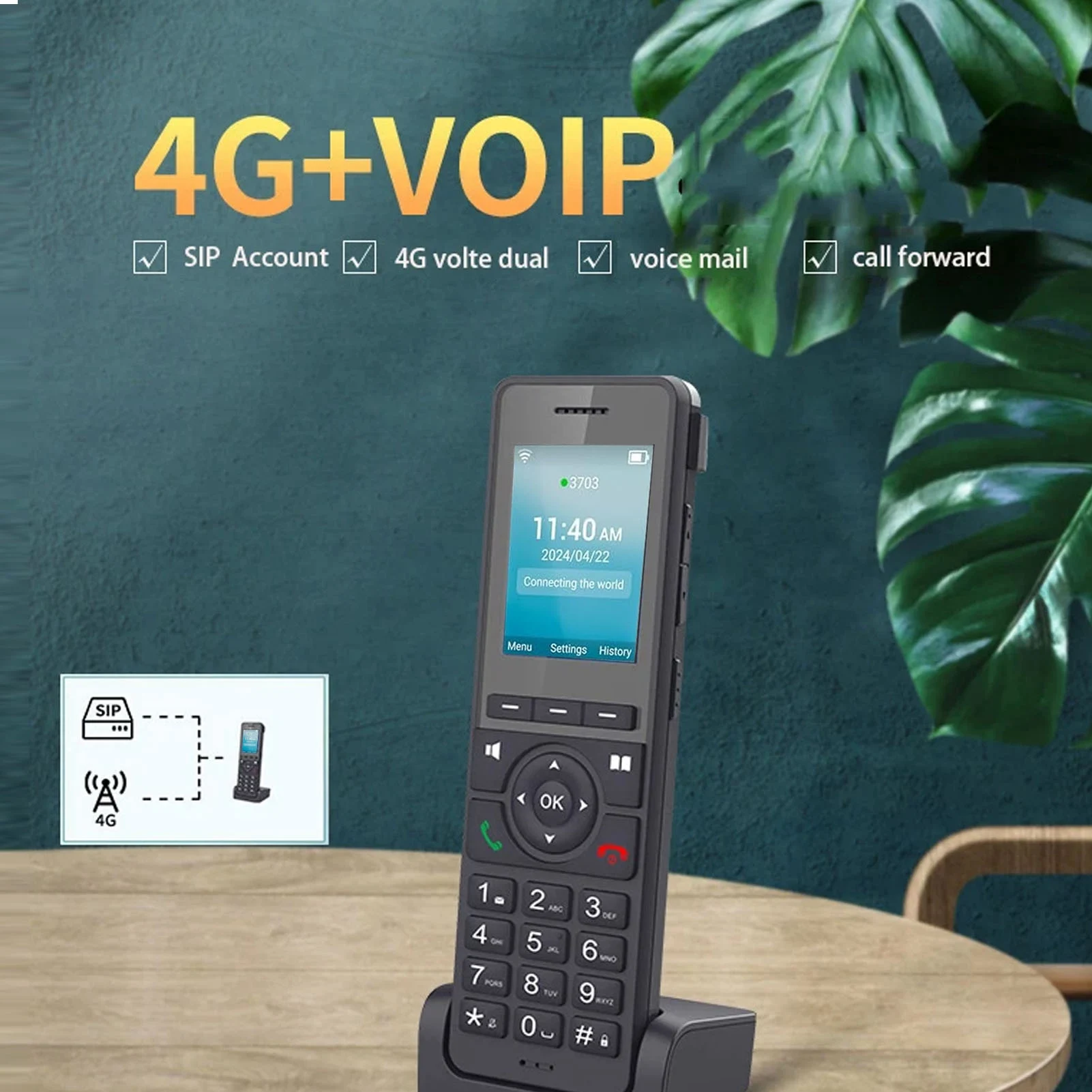 Cordless Phone Desktop Phone Wifi Phone 4G LTE Cordless Phone Portable Wifi 2.4in Color Screen Desktop Phone for Dect VoIP Black