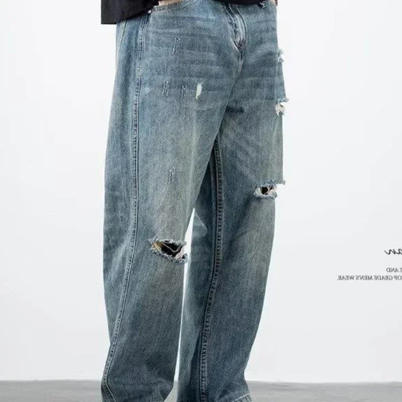 

Jeans Men Denim Wide Leg Long Pants Hole Floor Length Pant High Waist Splice Straight Trousers Casual Loose Autumn Winter