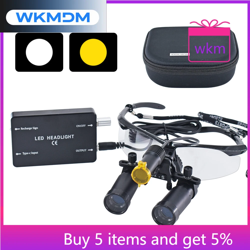 4X 5X 6X 8X High Magnification Binocular den tal Loupes with Protection Glasses den tal Magnifier 5W den tal Headlights
