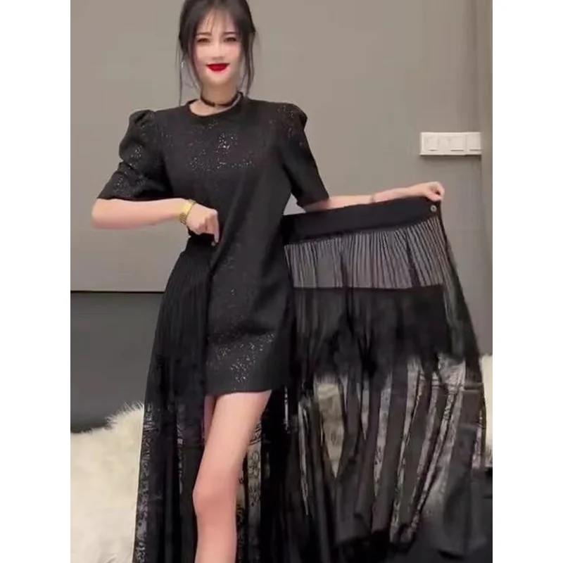 Korean Style Pure Color Bubble Sleeve Short Sleeve Dress High Waist   Skirt Two Piece Set Women Summer New Arrival