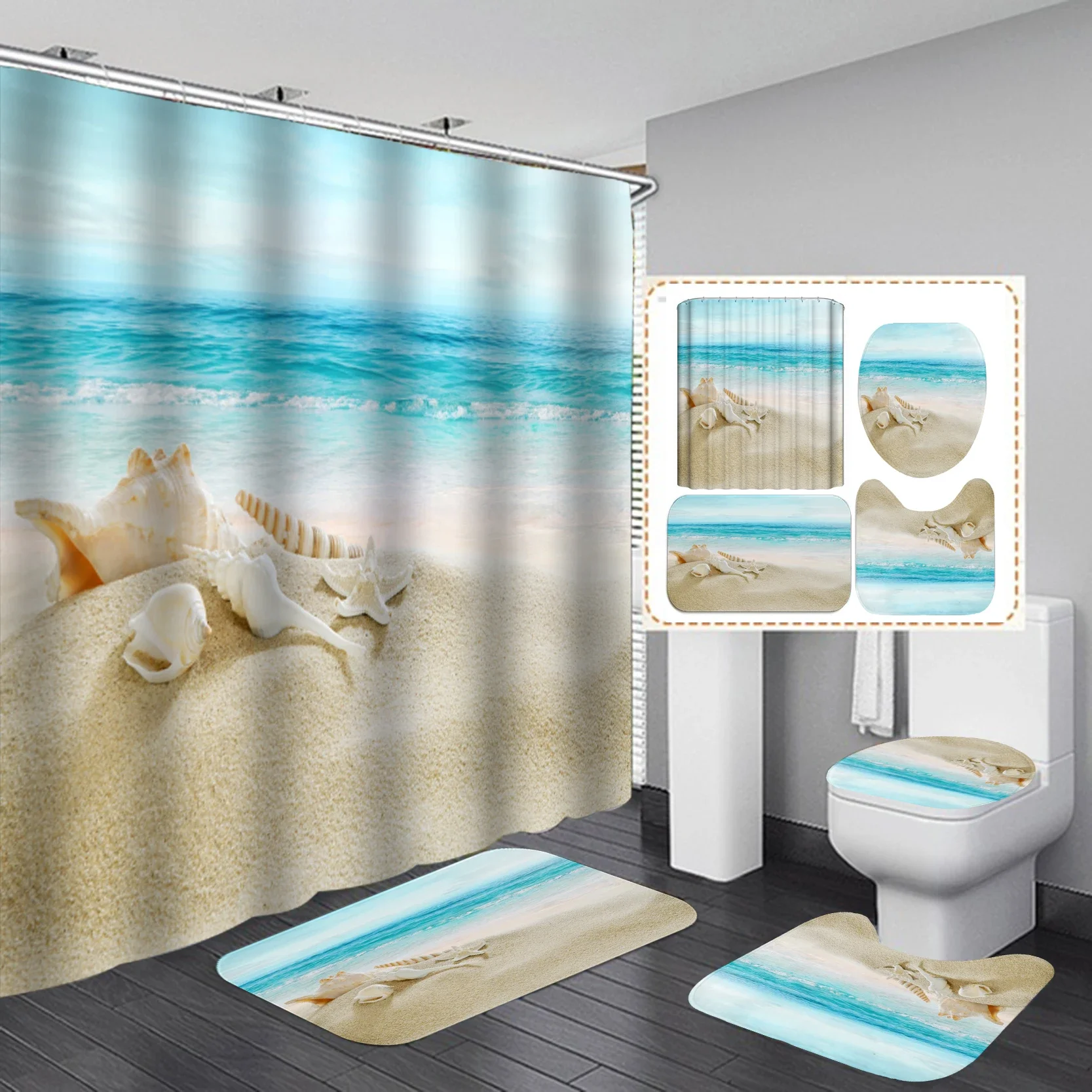 3D Dusk Beach Coconut Tree Waterproof Shower Curtains Purple Polyester Bathroom Sets Toliet Lid Cover Non-Slip Bath Mat Carpet